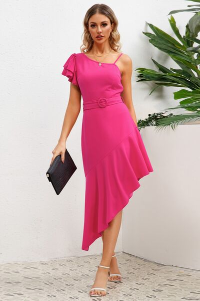 Ruffled Asymmetrical Neck Flutter Sleeve Dress Trendsi