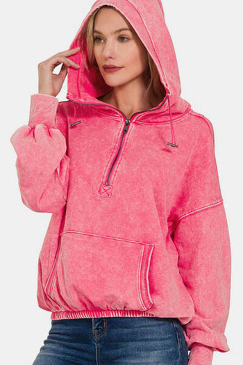 Zenana Drawstring Half Zip Dropped Shoulder Hoodie Trendsi