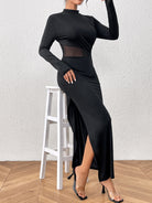 Slit Mock Neck Long Sleeve Maxi Dress Trendsi