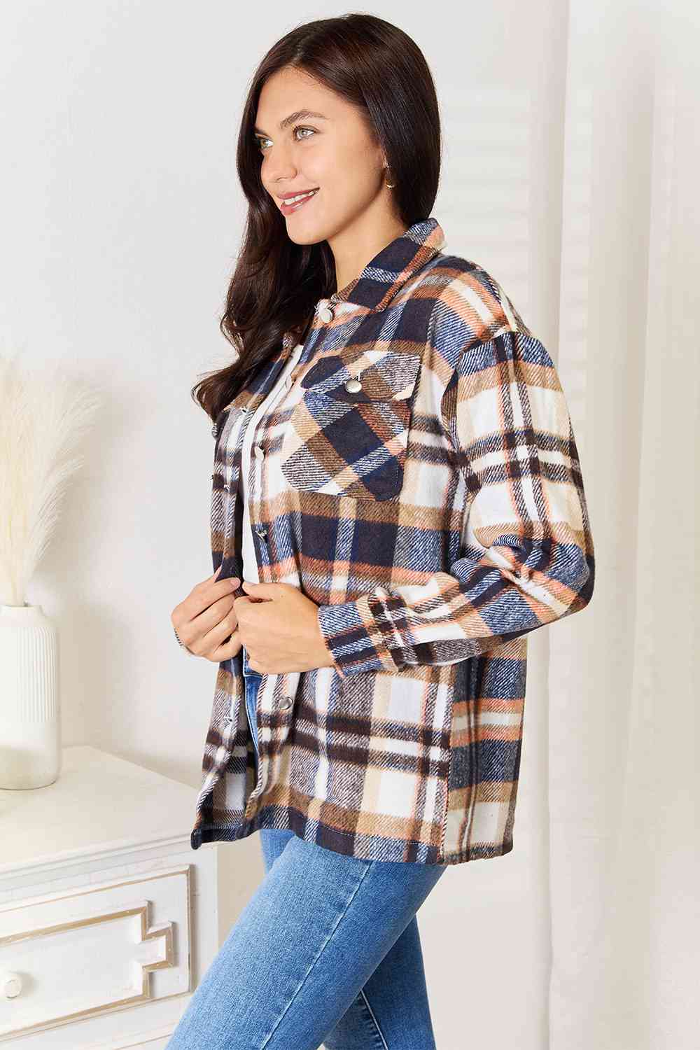Double Take Plaid Button Front Shirt Jacket with Breast Pockets Double Take