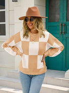 Checkered Round Neck Dropped Shoulder Sweater Trendsi