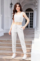 Waffle-Knit Cropped Tank and Drawstring Pants Set Trendsi