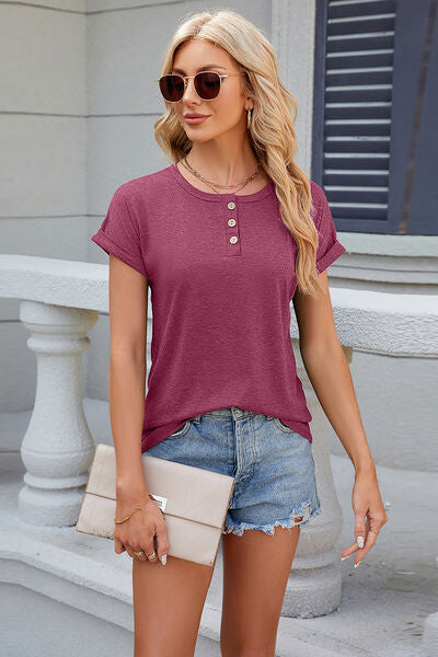 Round Neck Rolled Short Sleeve T-Shirt Trendsi