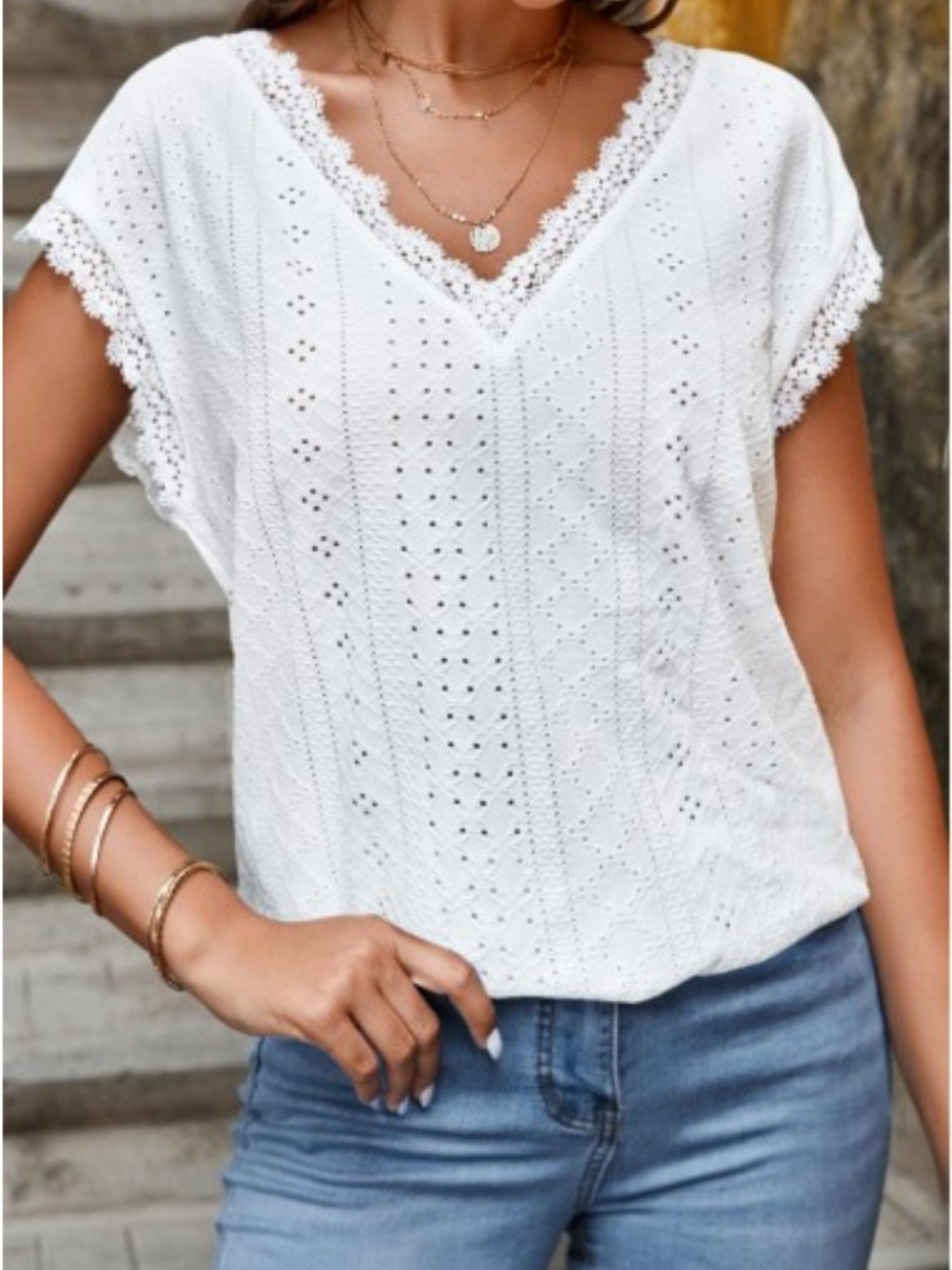 Eyelet V-Neck Cap Sleeve Blouse Trendsi