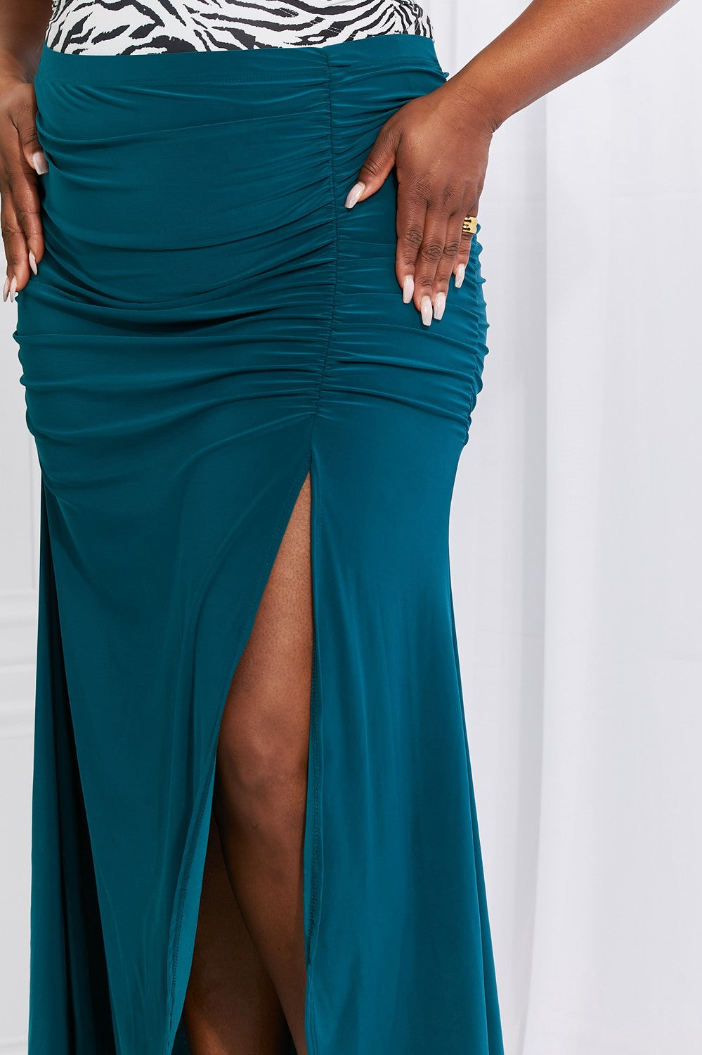 White Birch Up and Up Ruched Slit Maxi Skirt in Teal White Birch