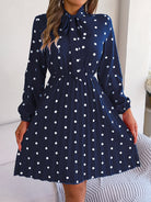 Polka Dot Tie Neck Pleated Dress Trendsi