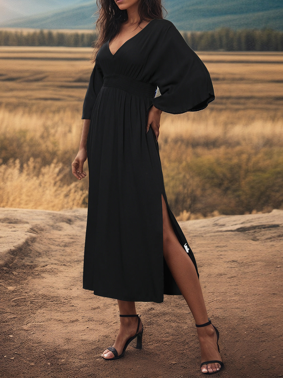 Slit V-Neck Long Sleeve Midi Dress Trendsi