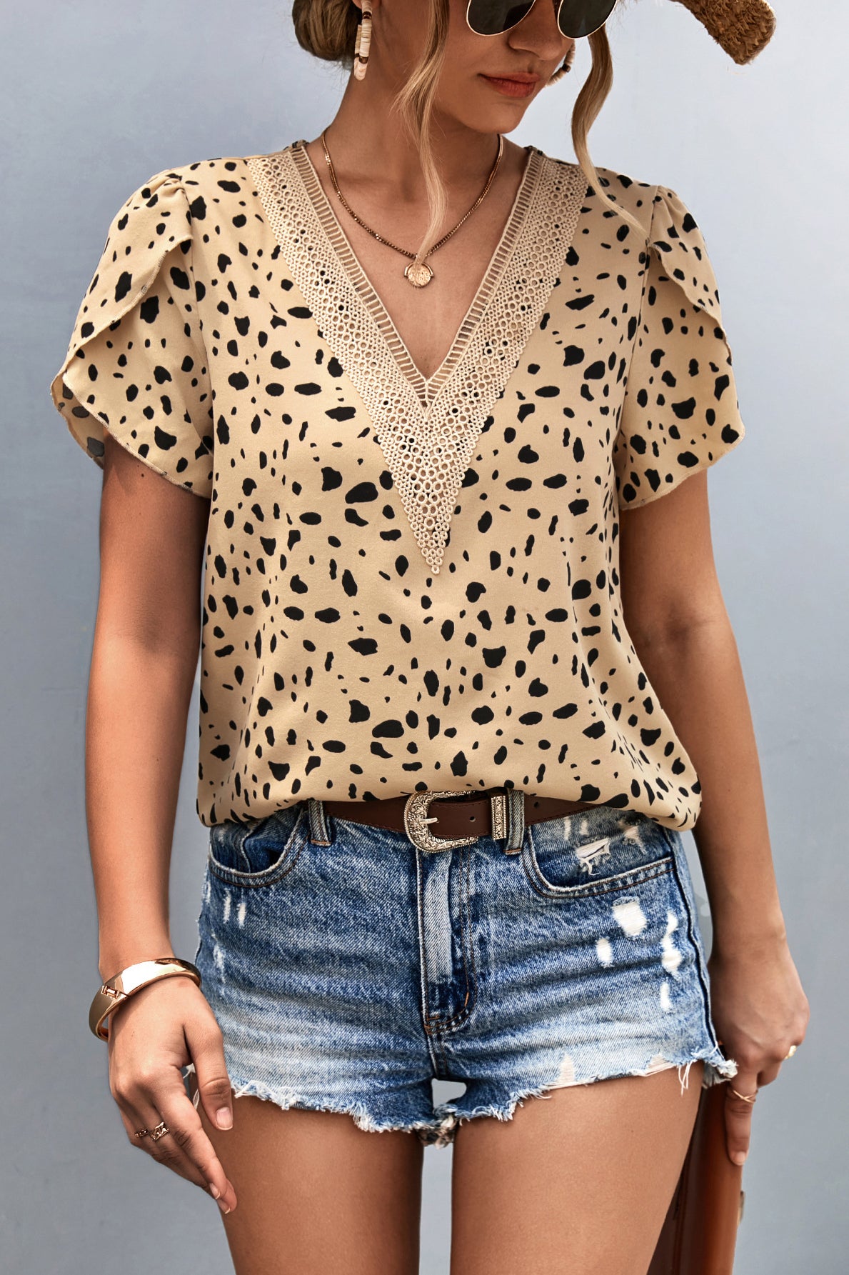 Animal Print V-Neck Petal Sleeve Blouse Casual Chic Boutique
