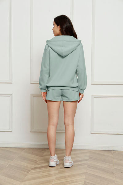 Zip Up Drawstring Hoodie and Shorts Set Trendsi