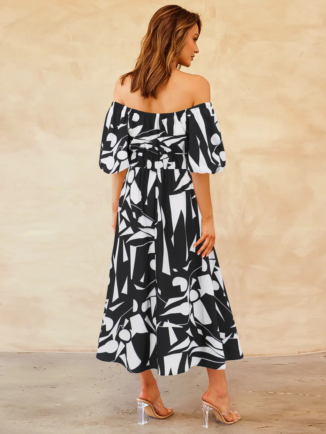 Printed Off-Shoulder Balloon Sleeve Dress Trendsi