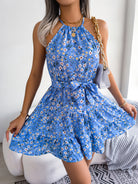 Tied Printed Grecian Neck Mini Dress Trendsi