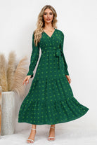 Swiss Dot Tied Surplice Flounce Sleeve Dress Trendsi