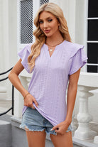 Eyelet Notched Short Sleeve T-Shirt Trendsi