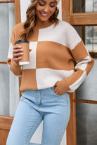 Color Block Round Neck Dropped Shoulder Sweater Trendsi