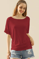 Ninexis Boat Neck Short Sleeve Ruched Side Top Trendsi