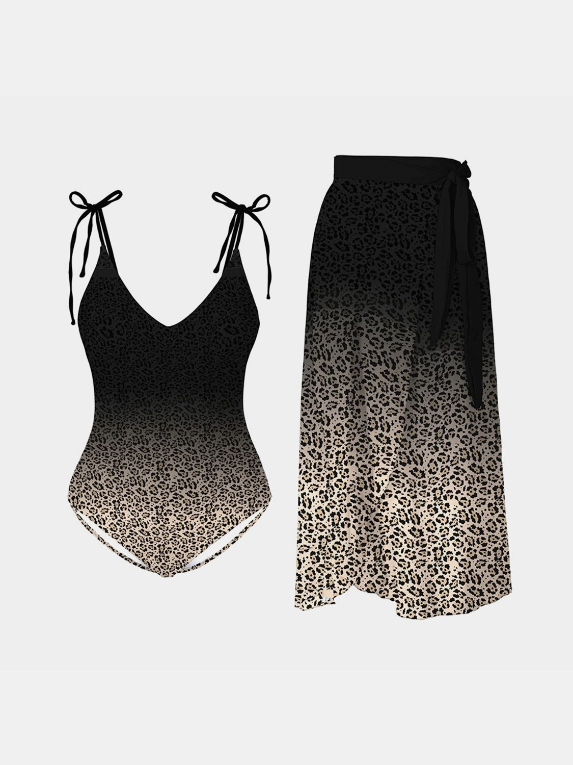 Leopard Tie Shoulder Swimwear and Skirt Swim Set Trendsi