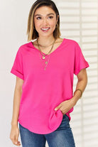 Zenana V-Neck Rolled Short Sleeve T-Shirt Trendsi