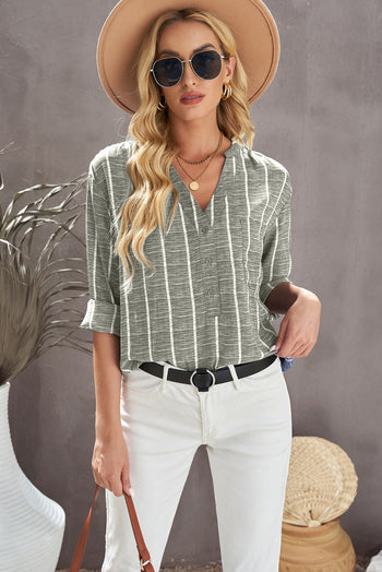 Striped Notched Long Sleeve Shirt Trendsi