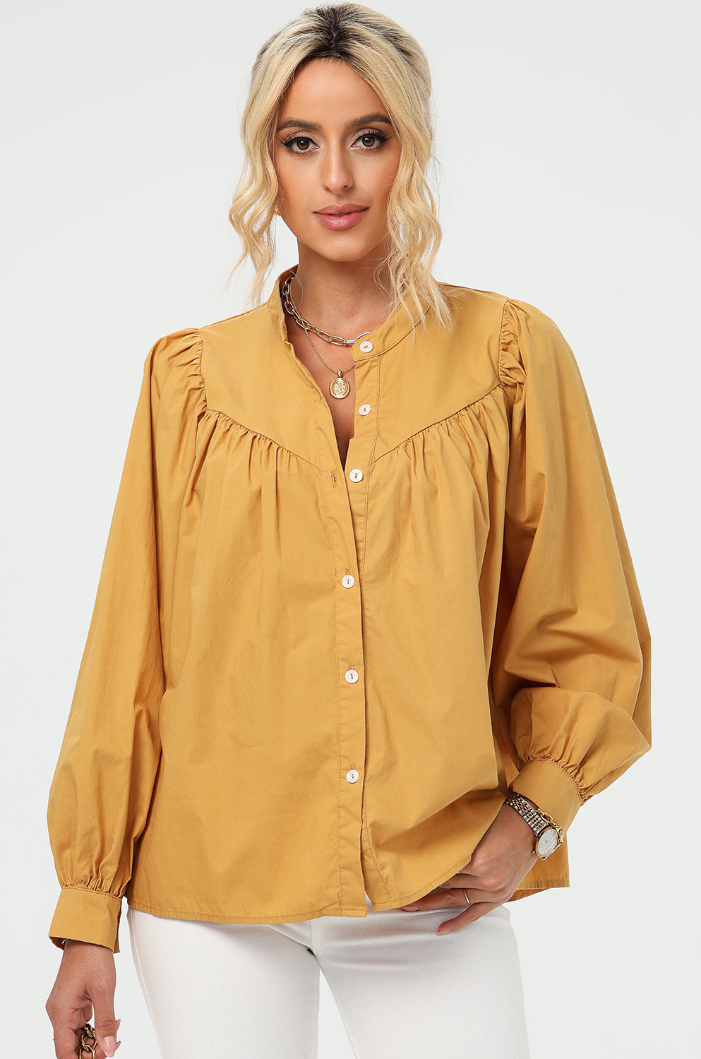 Ruched Button Up Long Sleeve Shirt Trendsi