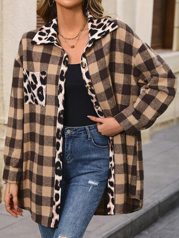 Plaid Button Up Dropped Shoulder Jacket Trendsi