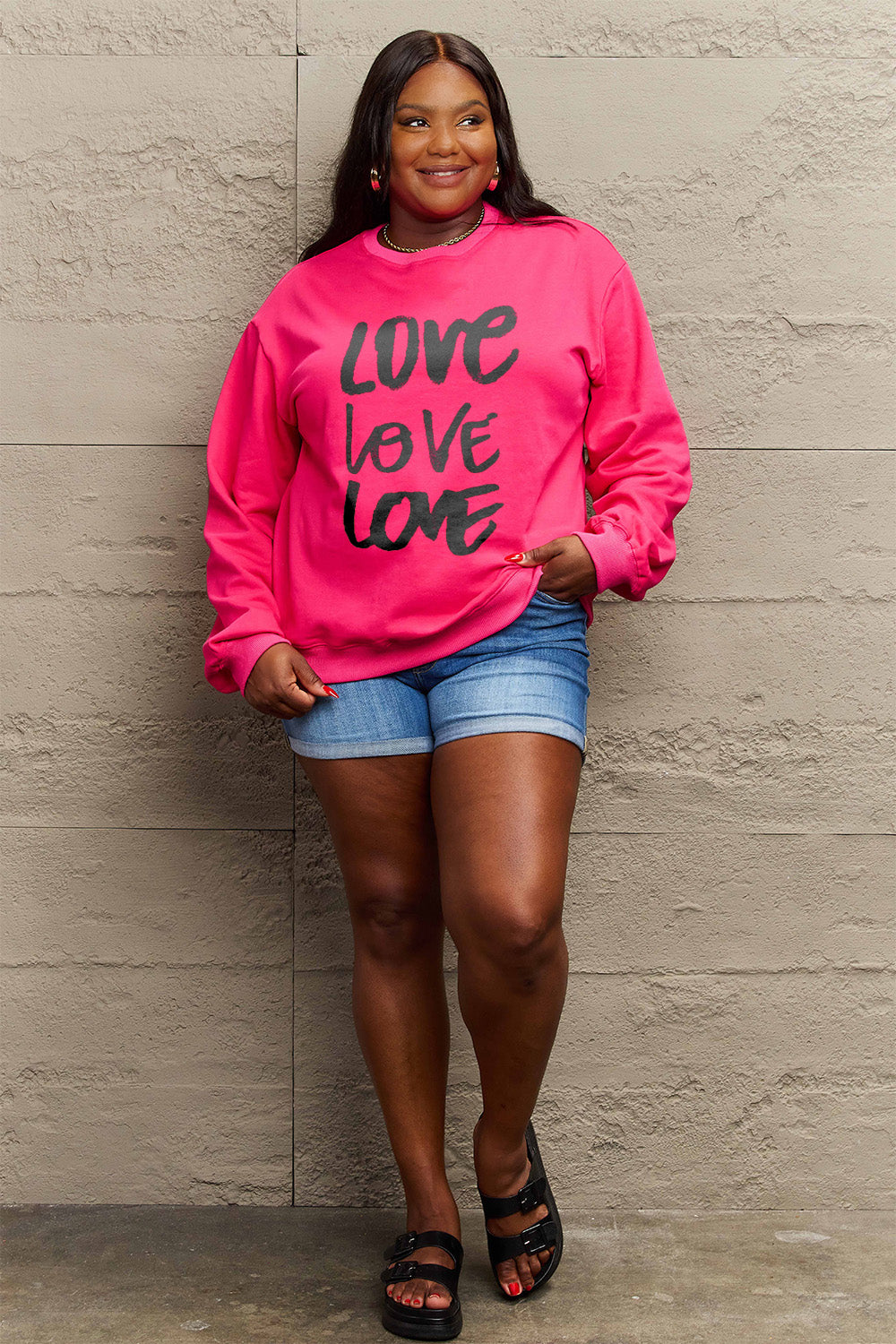 Simply Love Full Size LOVE Round Neck Sweatshirt Trendsi