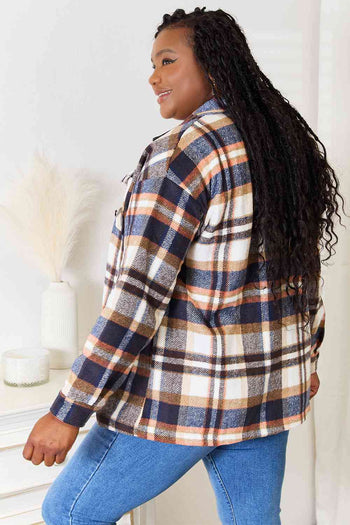 Double Take Plaid Button Front Shirt Jacket with Breast Pockets Double Take