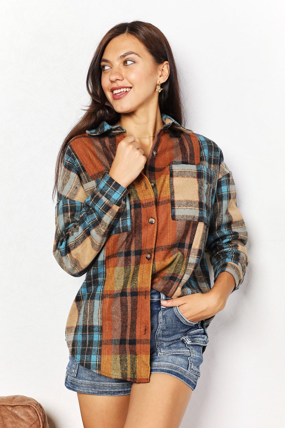 Double Take Plaid Curved Hem Shirt Jacket with Breast Pockets Trendsi