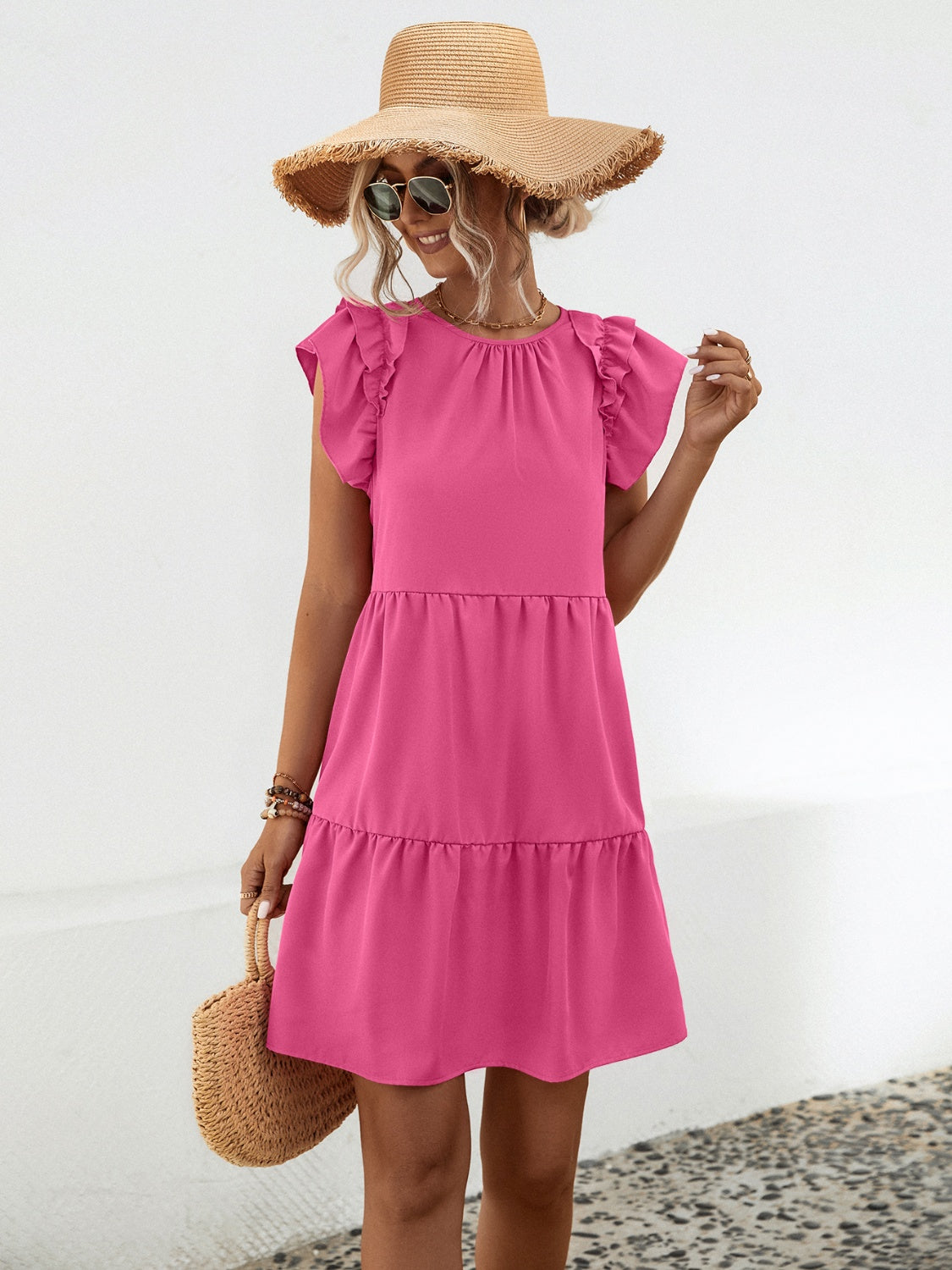 Ruffled Round Neck Cap Sleeve Mini Dress Trendsi