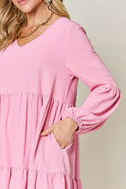 Double Take Full Size V-Neck Balloon Sleeve Tiered Dress Trendsi