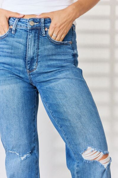 Judy Blue Full Size High Waist Distressed Straight-Leg Jeans Trendsi