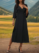 Slit V-Neck Long Sleeve Midi Dress Trendsi