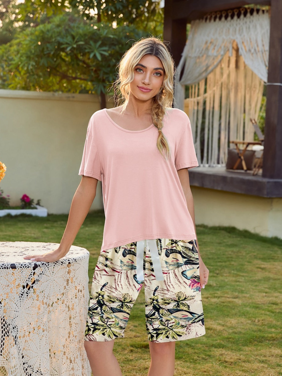 Short Sleeve Top and Printed Shorts Lounge Set Trendsi