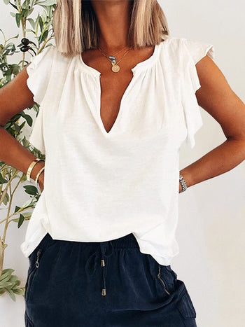 Ruffled Notched Cap Sleeve T-Shirt Trendsi