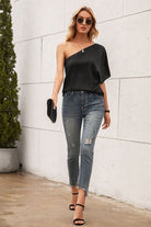 Single Shoulder Half Sleeve T-Shirt Trendsi