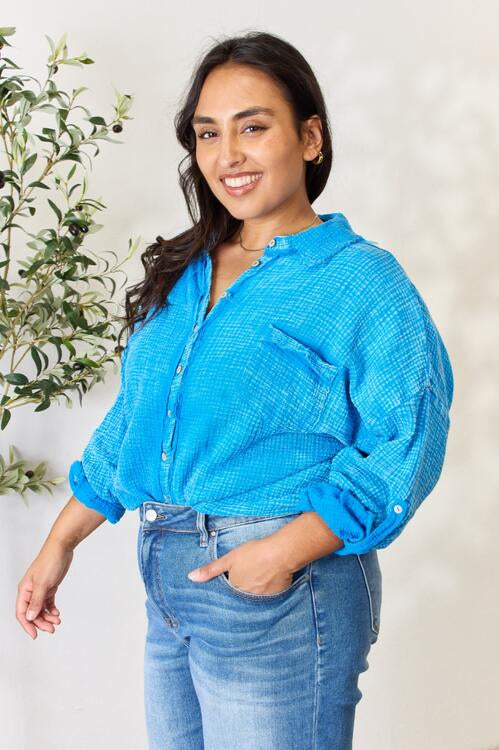 Zenana Full Size Washed Raw Trim Button Down Shirt Trendsi