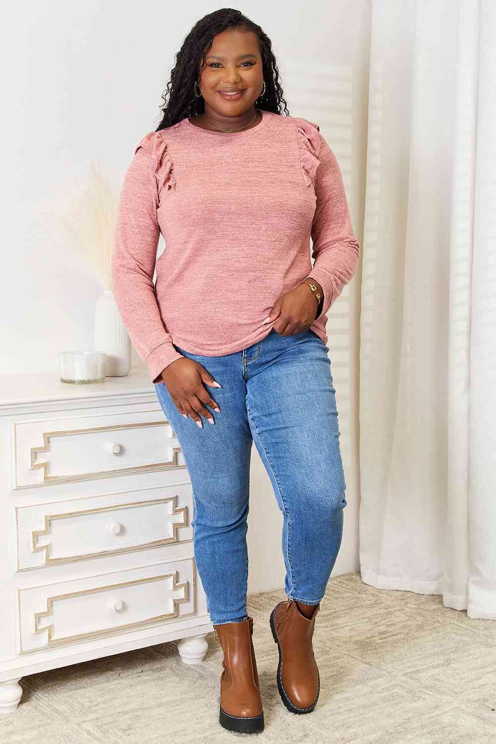 Double Take Ruffle Shoulder Long Sleeve T-Shirt Double Take