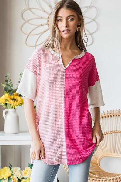 Heimish Full Size Contrast Waffle-Knit Half Sleeve Blouse Trendsi