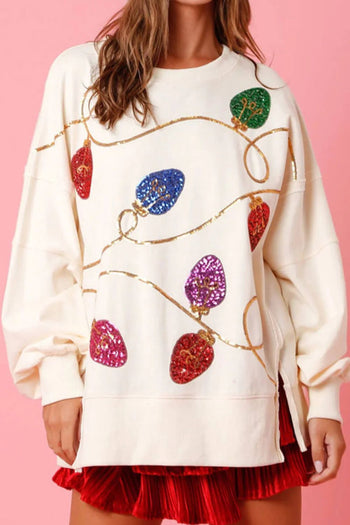 Slit Sequin Round Neck Sweatshirt Trendsi