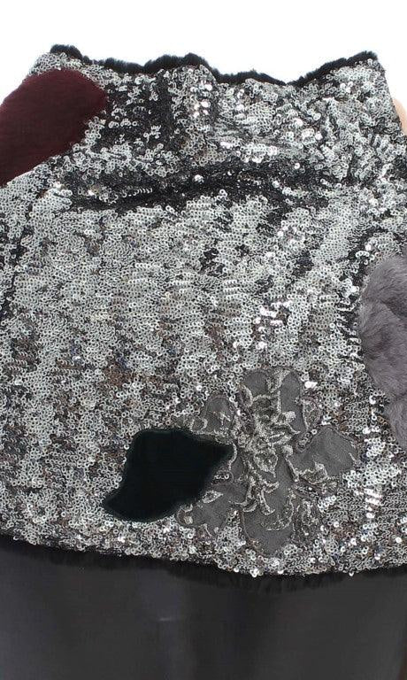 Dolce & Gabbana Silver Sequined Floral Weasel Fur Shoulder Scarf Wrap GENUINE AUTHENTIC BRAND LLC