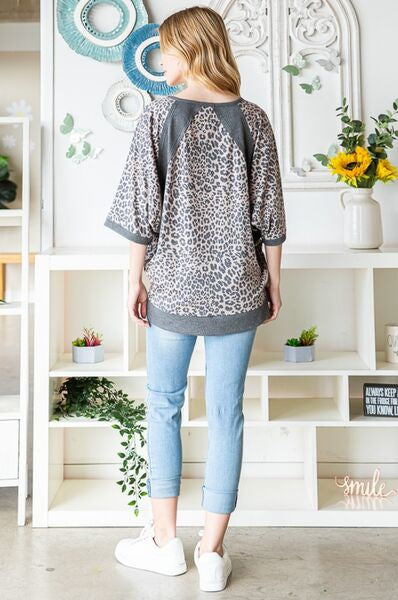 Heimish Full Size Leopard Contrast V-Neck Half Sleeve T-Shirt Trendsi