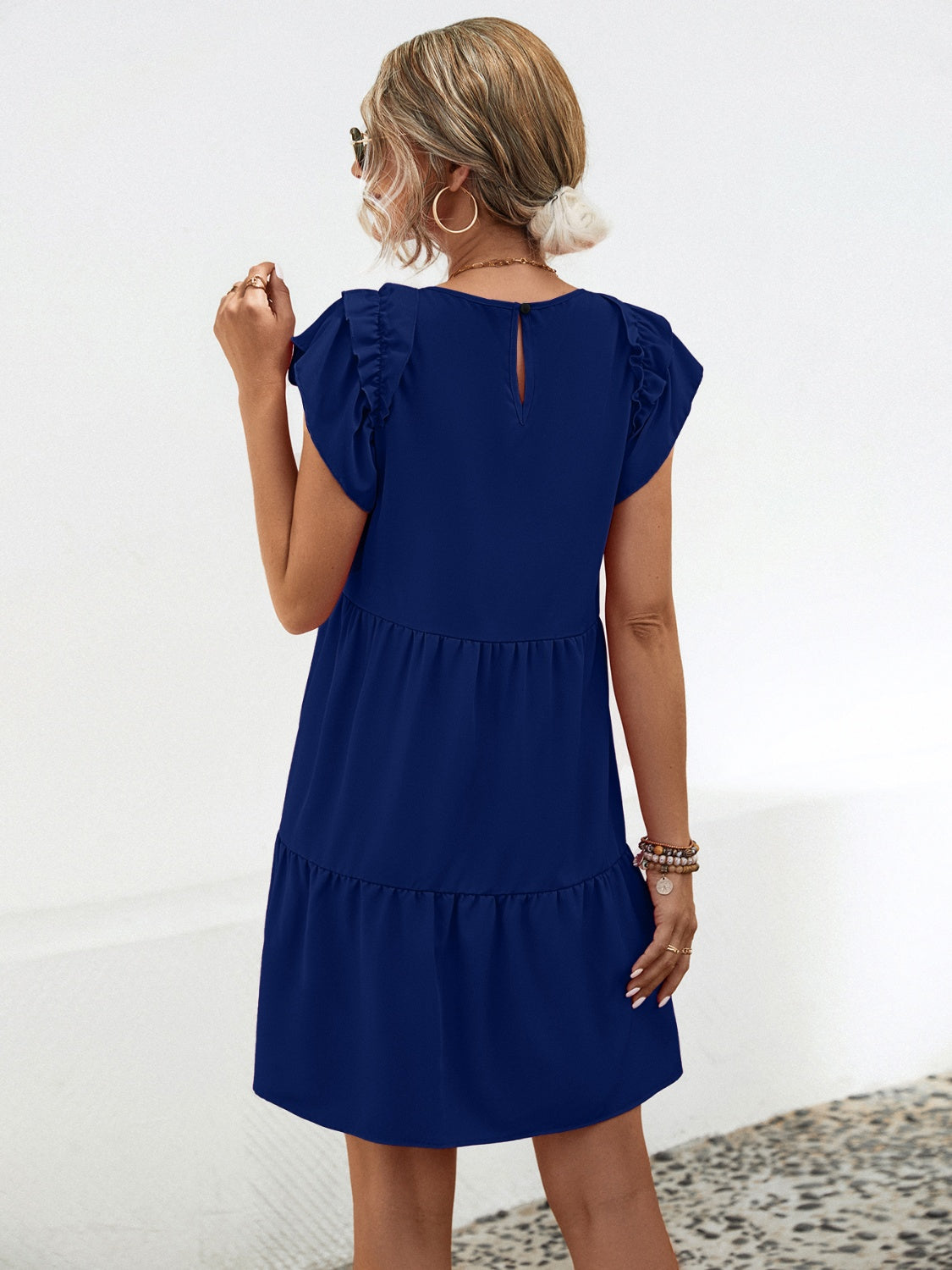 Ruffled Round Neck Cap Sleeve Mini Dress Trendsi