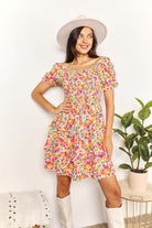 Double Take Smocked Sweetheart Neck Flounce Sleeve Mini Dress Trendsi