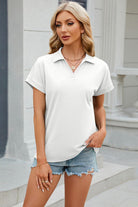 Johnny Collar Short Sleeve Blouse Trendsi