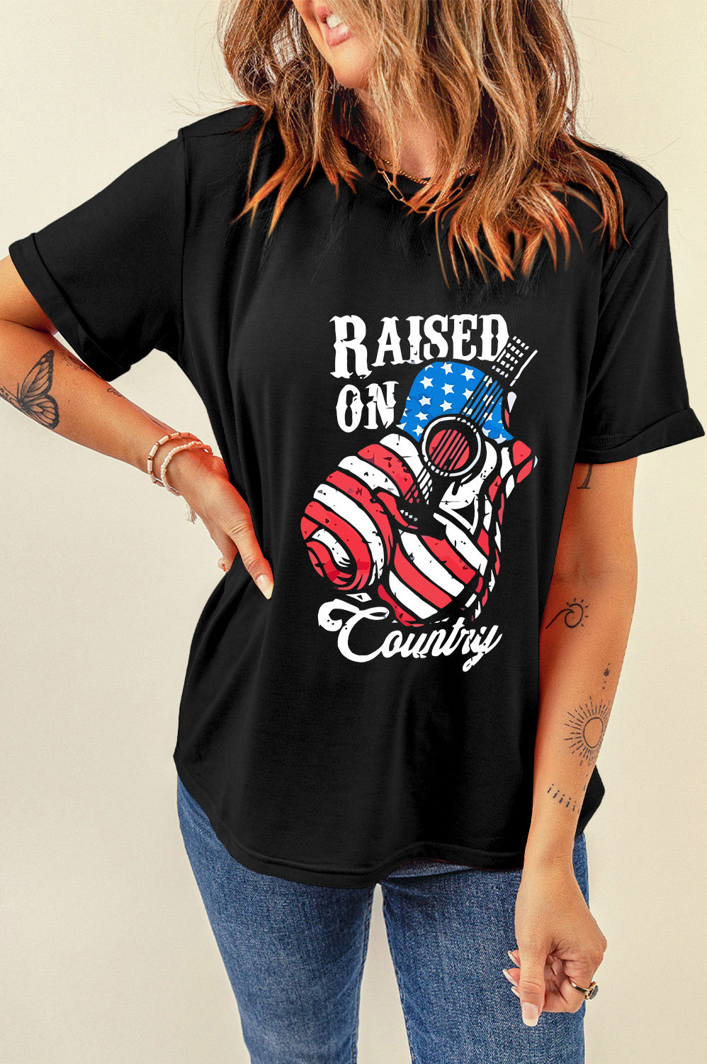 RAISED ON COUNTRY Round Neck T-Shirt Trendsi