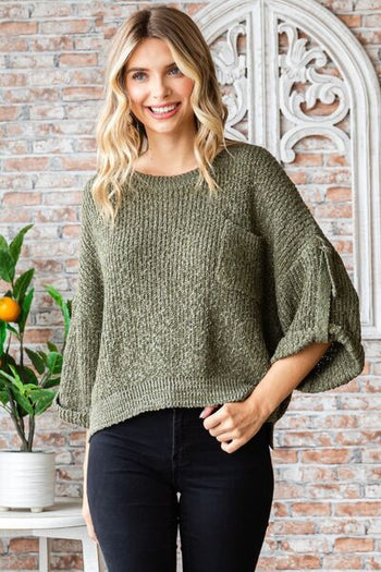 Veveret Round Neck Roll-Up Sweater Trendsi