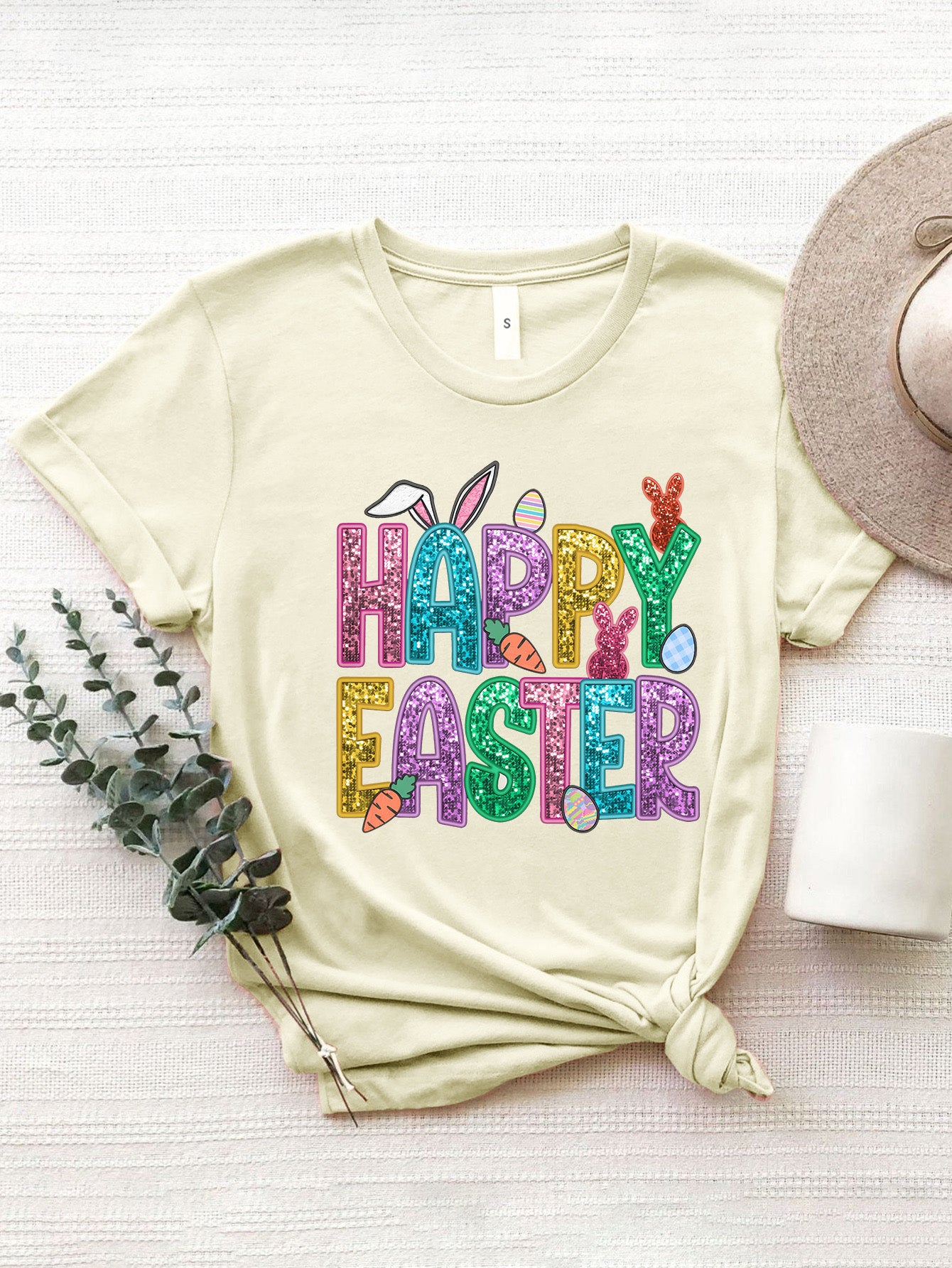 HAPPY EASTER Round Neck Short Sleeve T-Shirt Trendsi