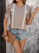 Lace Detail Round Neck Puff Sleeve Blouse Trendsi