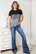 Double Take Leopard Print Color Block Short Sleeve T-Shirt Trendsi