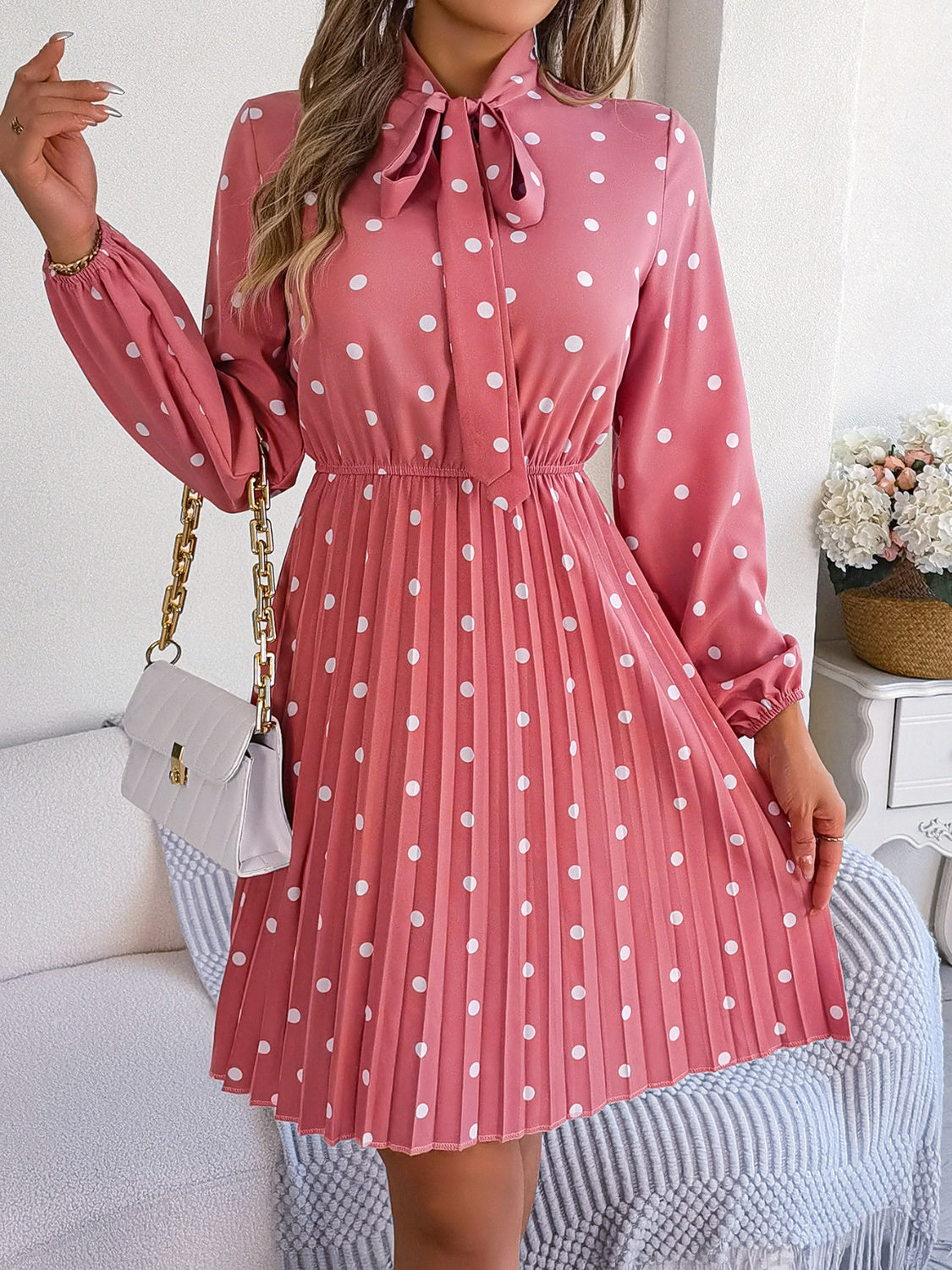 Polka Dot Tie Neck Pleated Dress Trendsi