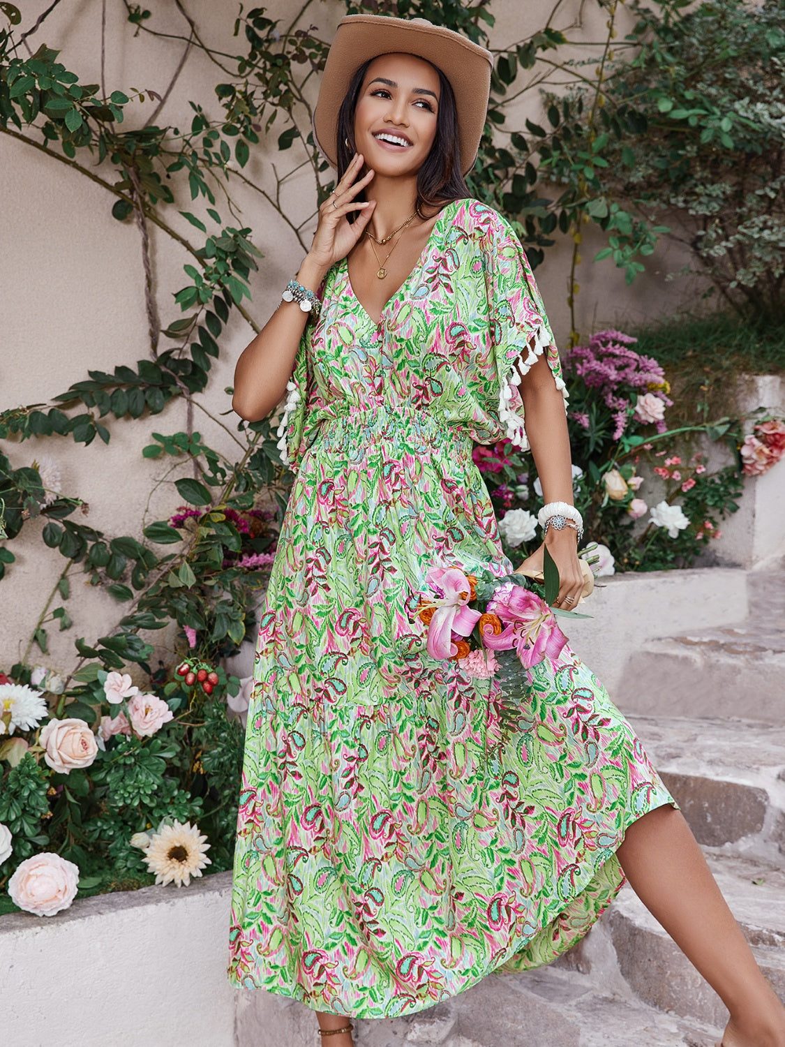 Smocked Floral V-Neck Short Sleeve Dress Trendsi